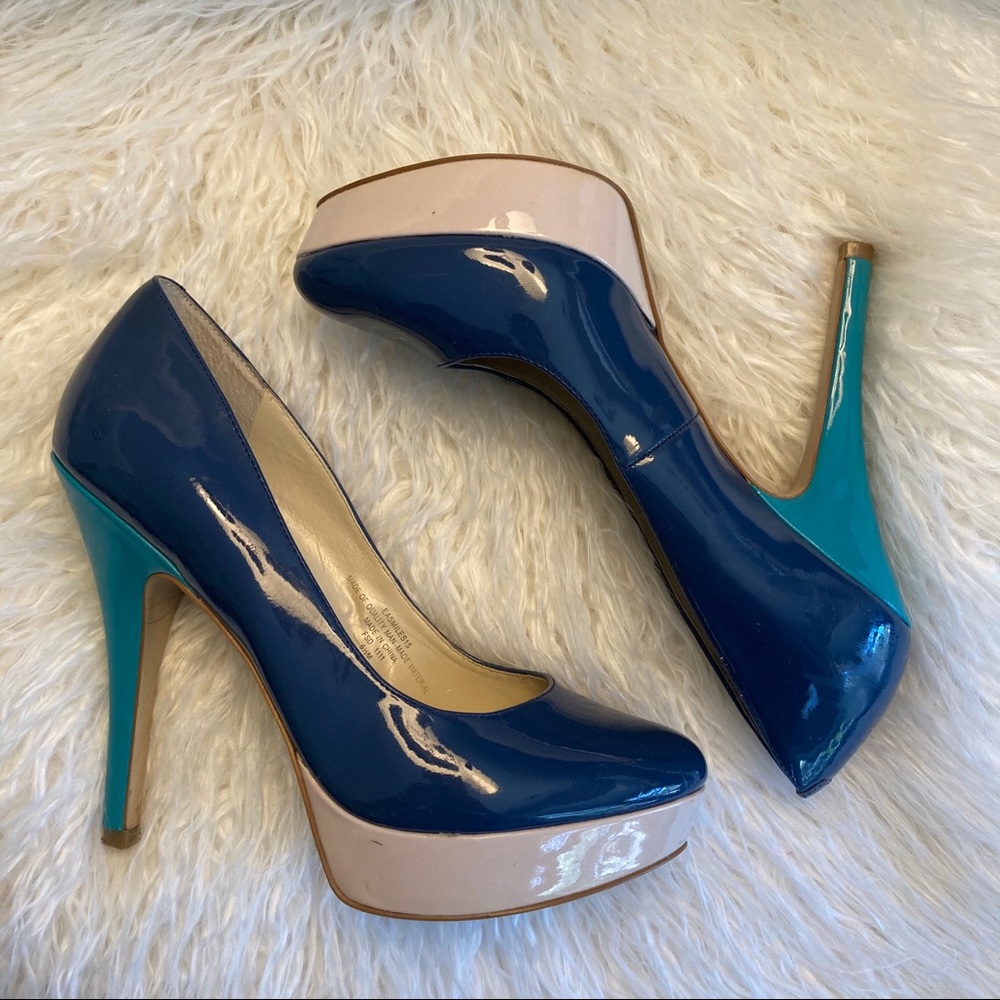 Enzo Angioloni Blue and Taupe Color Block Pumps
